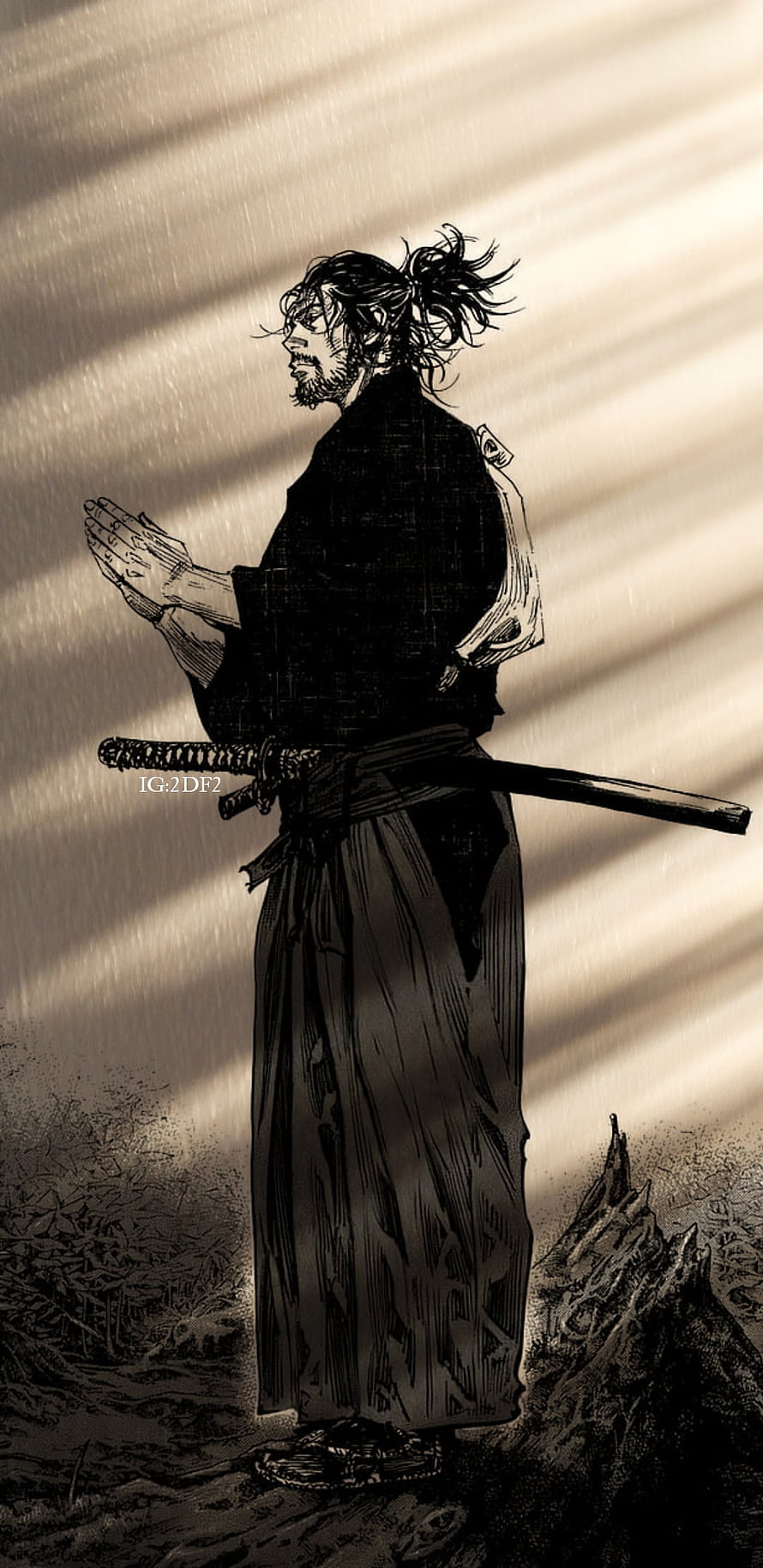 Samurai Warrior Standing With Katana In Sepia Ink Illustration Style HD phone wallpaper