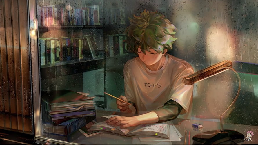 Anime Boy Studying at Desk by Rainy Window with Books and Lamp HD wallpaper