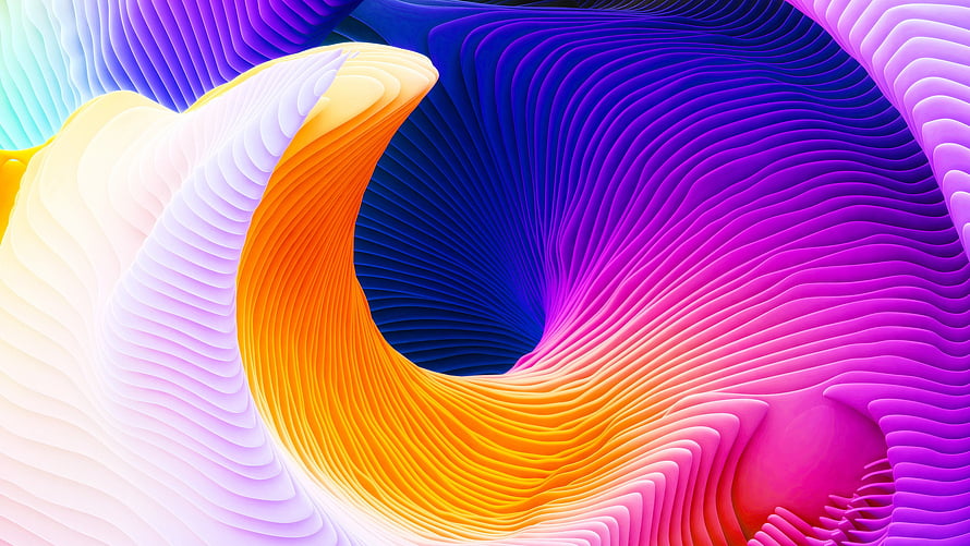 Vibrant 3D Abstract Waves with Layered Ribs in Orange, Pink, and Purple HD wallpaper