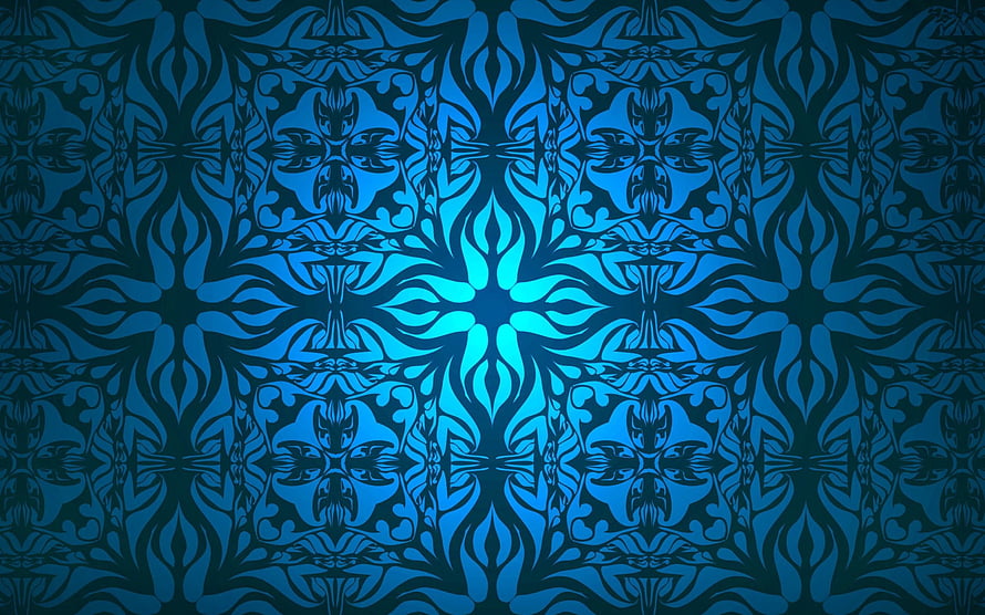 Intricate Blue Tribal Pattern with Symmetrical Floral Motifs and Dark Background HD wallpaper