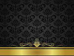Luxurious Black Damask Pattern with Gold Ornamental Banner and Floral Motif HD wallpaper