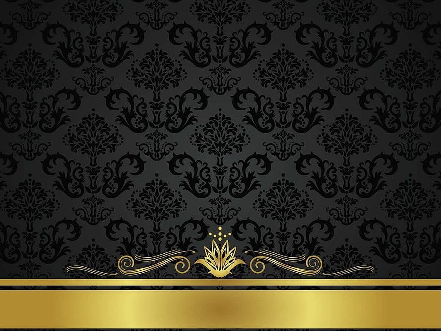 Luxurious Black Damask Pattern with Gold Ornamental Banner and Floral Motif HD wallpaper