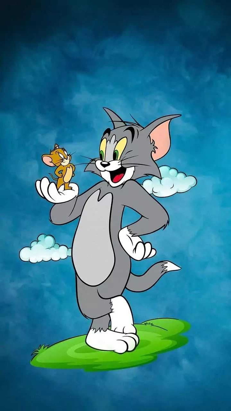 Tom and Jerry Cartoon Characters Standing on Grass Patch Against Blue Sky Background HD phone wallpaper