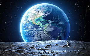 Earth Rising Over the Moon's Cratered Surface in Deep Space HD wallpaper