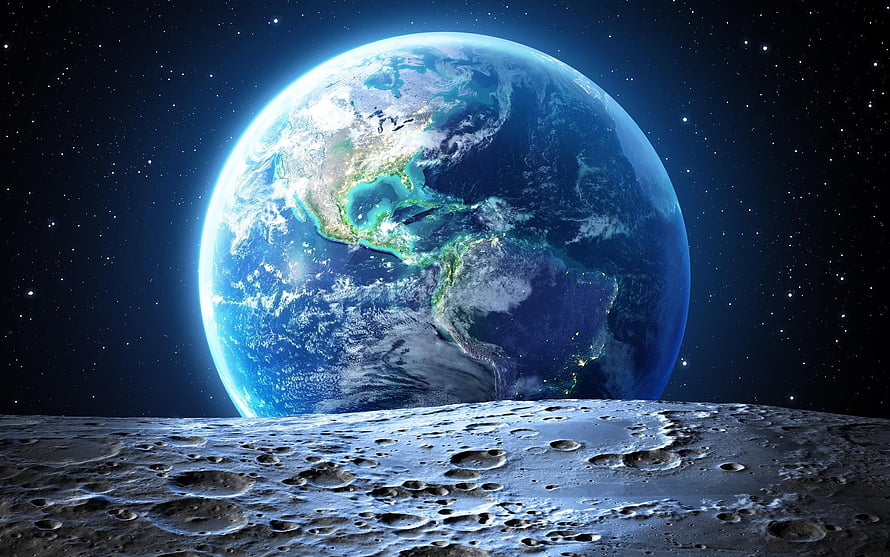 Earth Rising Over the Moon's Cratered Surface in Deep Space HD wallpaper