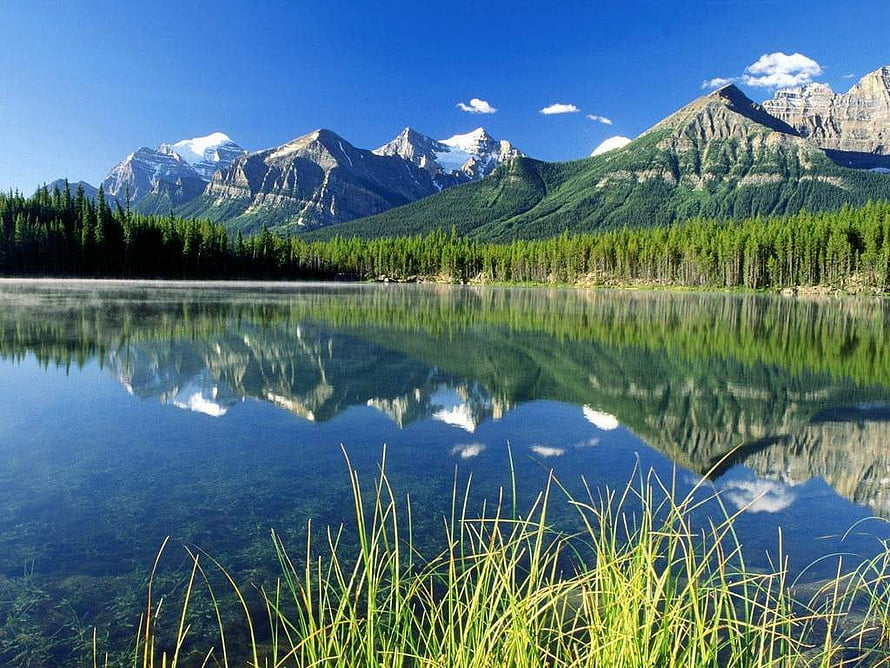 Serene Mountain Lake Reflection with Snow-Capped Peaks and Lush Forest HD wallpaper