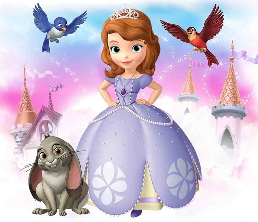 Sofia the First Princess in Lavender Gown with Castle and Animal Friends HD wallpaper