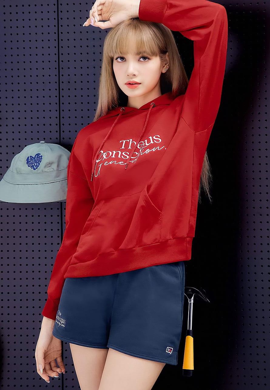 Lisa Blackpink in Red Hoodie and Blue Shorts Casual Streetwear Fashion Portrait HD phone wallpaper