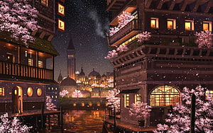 Anime Style Night Cityscape With Cherry Blossoms And Canals HD wallpaper