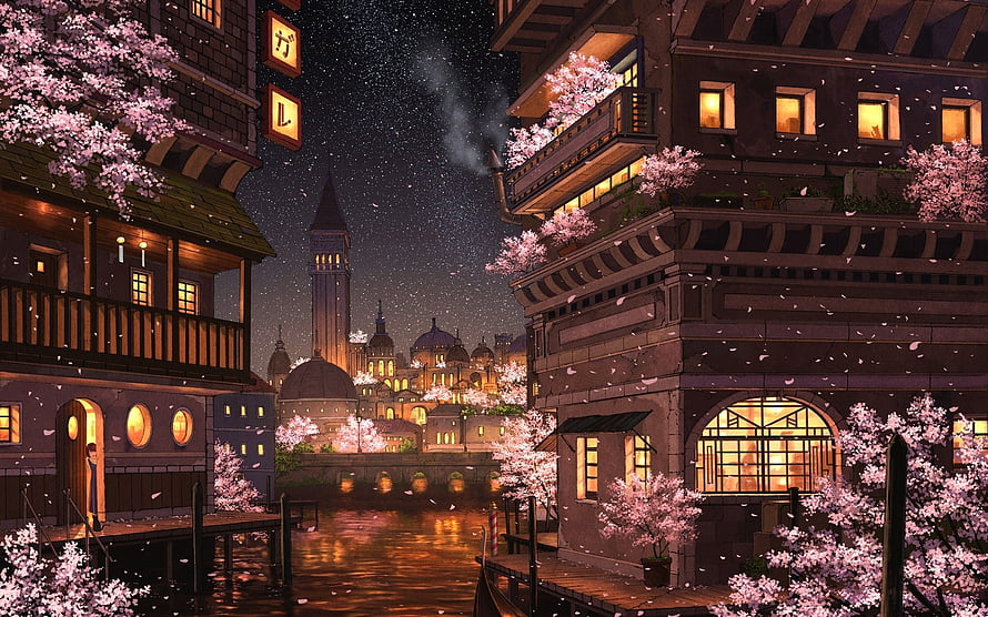 Anime Style Night Cityscape With Cherry Blossoms And Canals HD wallpaper