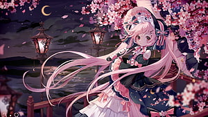 Sakura Miku in Gothic Lolita Dress Under Moonlit Cherry Blossoms HD wallpaper