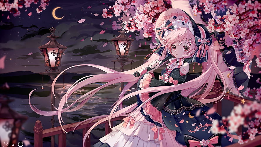 Sakura Miku in Gothic Lolita Dress Under Moonlit Cherry Blossoms HD wallpaper