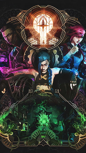Jinx and Vi from Arcane League of Legends animated series poster art featuring magical energy and futuristic cityscape HD phone wallpaper