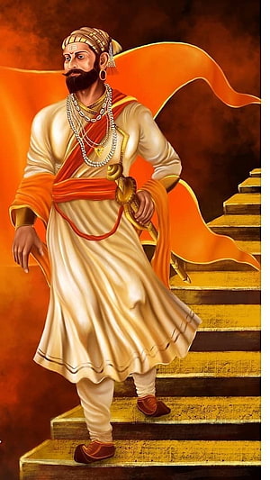 Shivaji Maharaj Digital Painting in Traditional Attire Descending Golden Staircase HD phone wallpaper