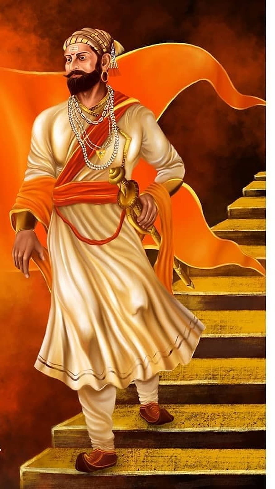 Shivaji Maharaj Digital Painting in Traditional Attire Descending Golden Staircase HD phone wallpaper