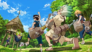 Dr. Stone Anime Characters Running Through Lush Forest With Treehouse HD wallpaper