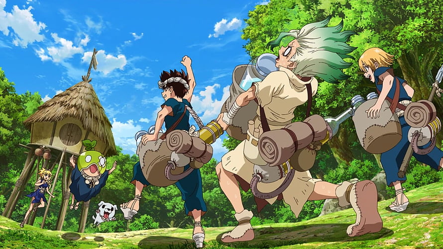 Dr. Stone Anime Characters Running Through Lush Forest With Treehouse HD wallpaper