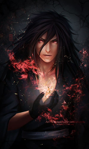 Uchiha Sasuke wielding Amaterasu black flames in dark anime style HD phone wallpaper