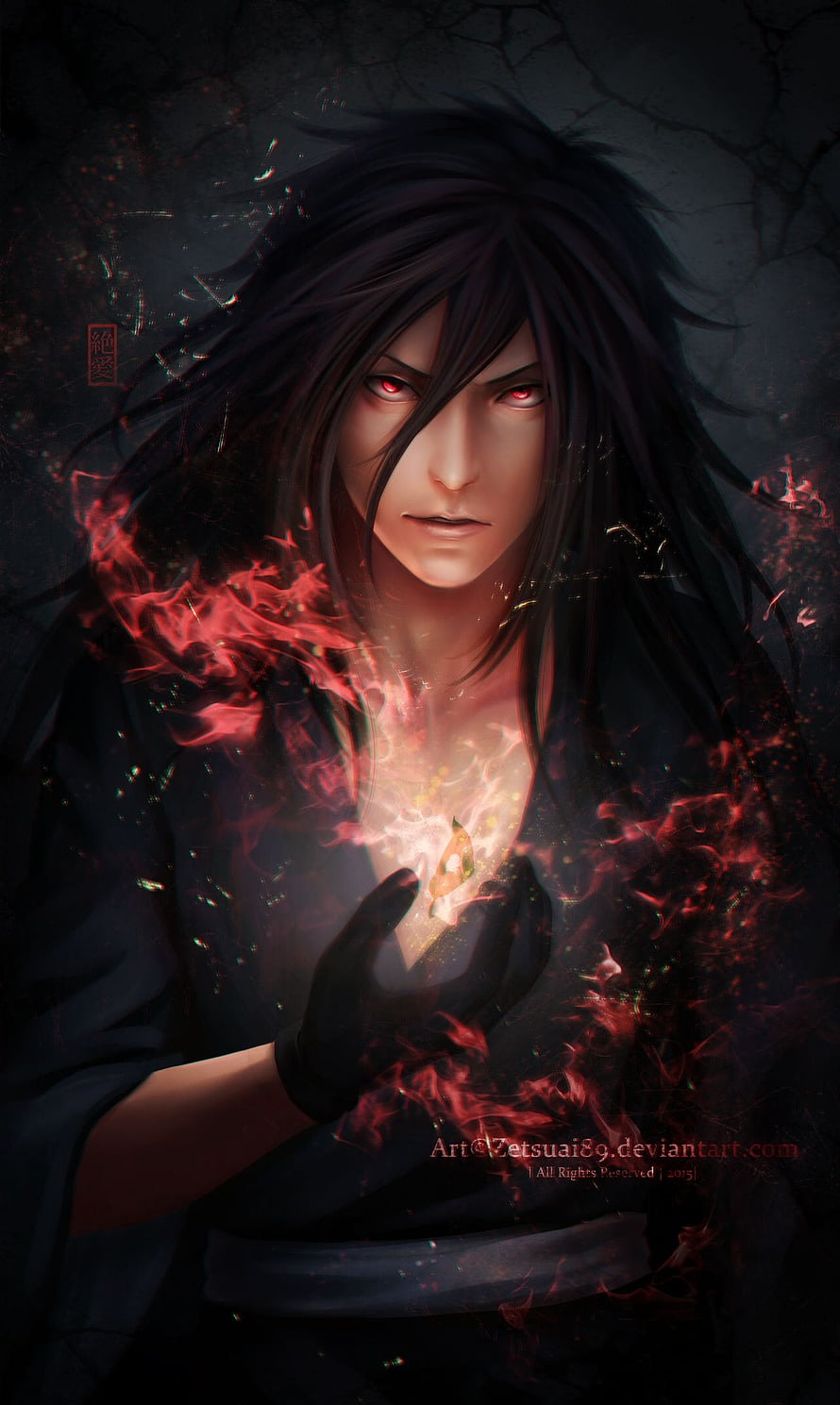 Uchiha Sasuke wielding Amaterasu black flames in dark anime style HD phone wallpaper
