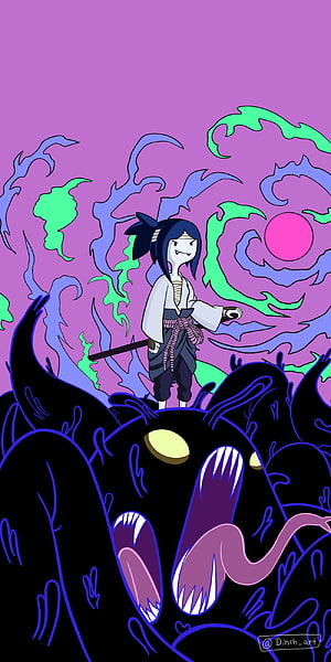Samurai Jack standing on a giant black monster with purple and green psychedelic background HD phone wallpaper