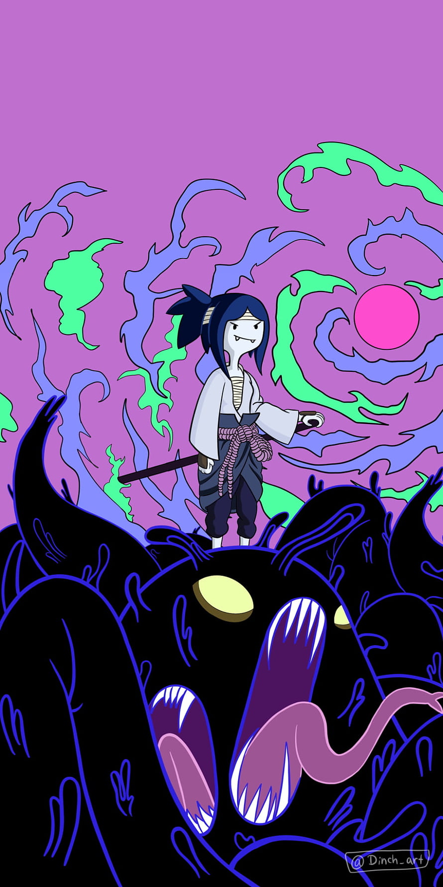 Samurai Jack standing on a giant black monster with purple and green psychedelic background HD phone wallpaper