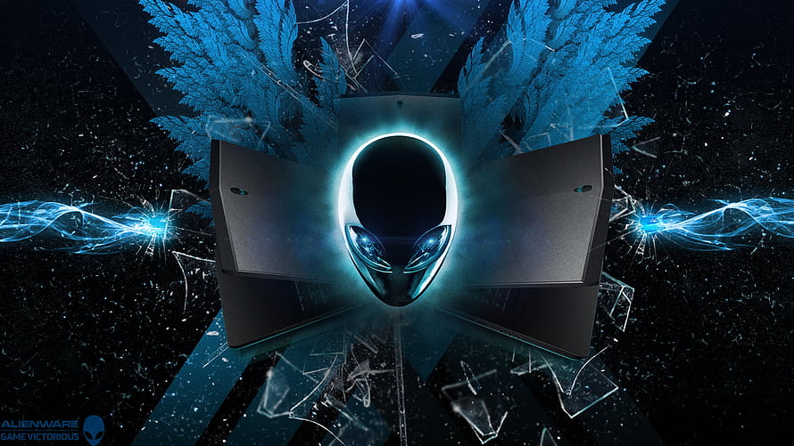 Alienware Gaming Laptop with Glowing Alien Head Logo and Blue Neon Wings HD wallpaper