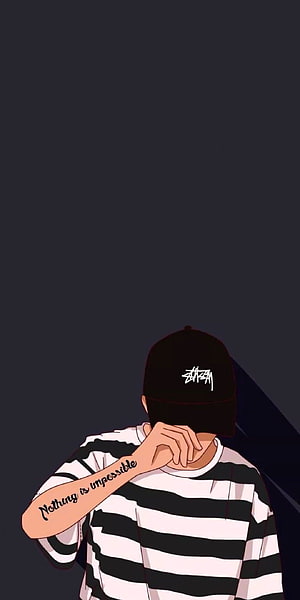 Anime Boy in Black Stussy Cap and Striped Shirt with Tattoo on Dark Background HD phone wallpaper