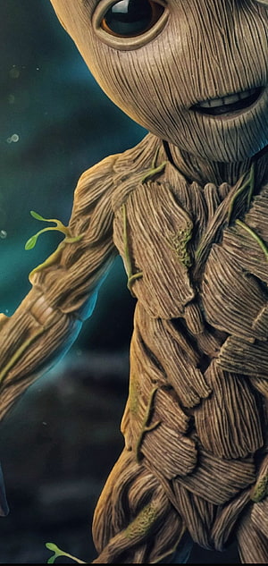 Baby Groot Close-Up Portrait with Detailed Wood Texture and Sprouting Vines HD phone wallpaper