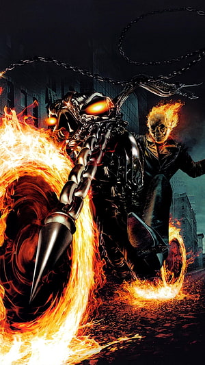 Ghost Rider Riding a Hellcycle Through Flames in a Dark Urban Street HD phone wallpaper