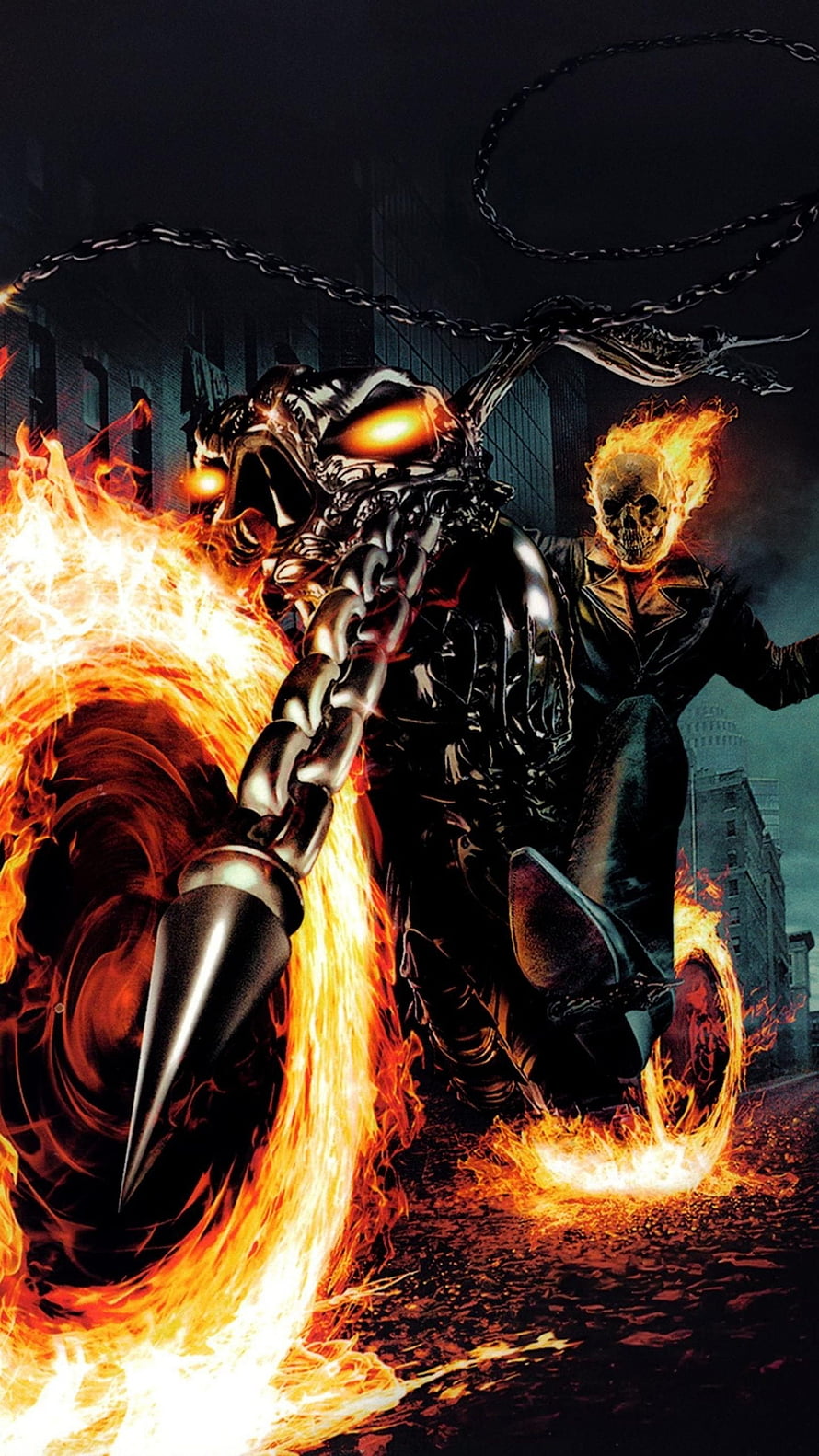 Ghost Rider Riding a Hellcycle Through Flames in a Dark Urban Street HD phone wallpaper