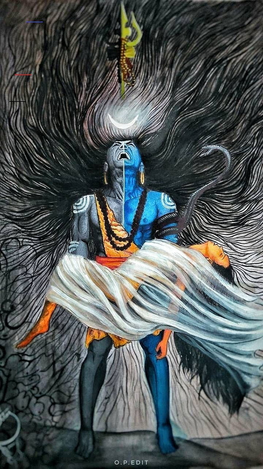 Shiva and Parvati Divine Union Artwork with Crescent Moon and Serpent HD phone wallpaper