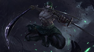 Roronoa Zoro Three-Sword Style Combat Artwork from One Piece HD wallpaper