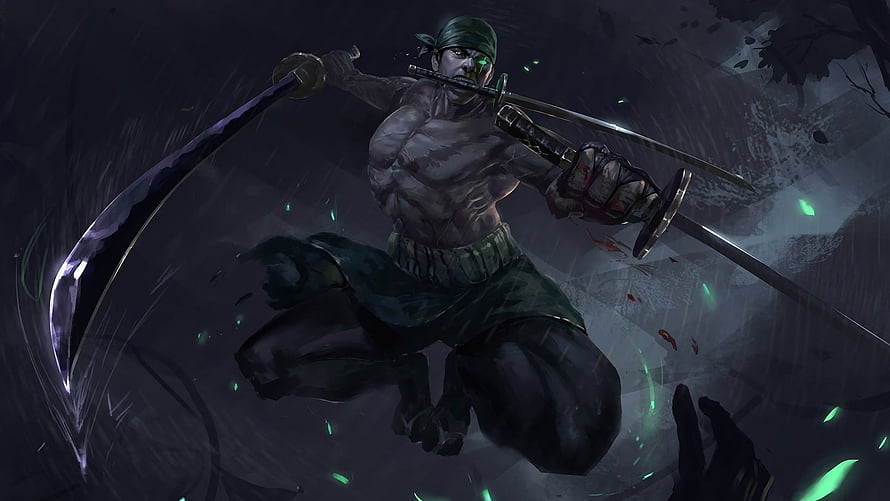 Roronoa Zoro Three-Sword Style Combat Artwork from One Piece HD wallpaper
