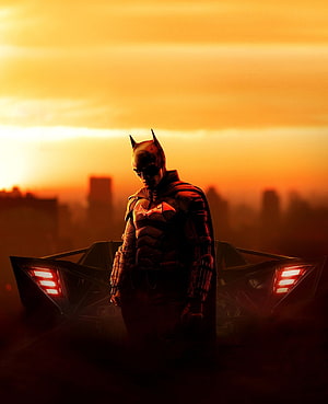 Batman Standing Silhouette in Front of Batmobile at Golden Sunset, The Batman, confident superhero, 2022 HD phone wallpaper