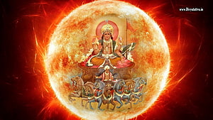 Sun God Surya Driving Seven-Horse Chariot Against Solar Flare Background HD wallpaper