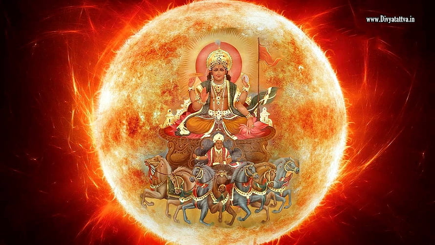 Sun God Surya Driving Seven-Horse Chariot Against Solar Flare Background HD wallpaper