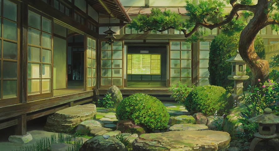 Traditional Japanese Garden Courtyard with Wooden House and Stone Lanterns in Anime Style HD wallpaper