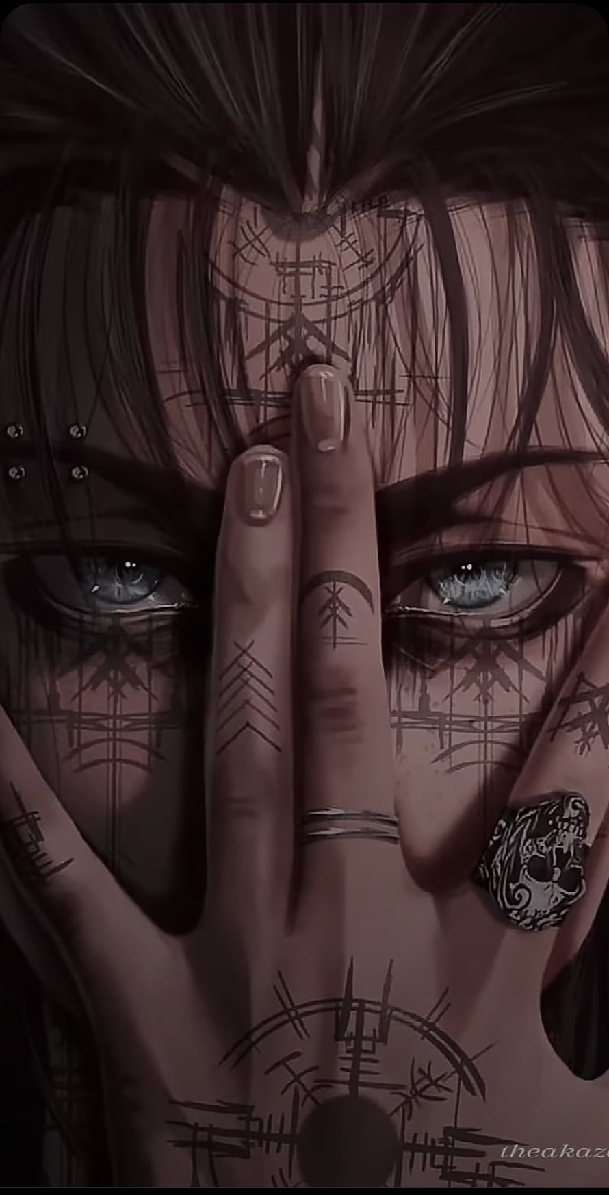 Dark Fantasy Portrait of a Character with Runes and Mystical Symbols on Face and Hands HD phone wallpaper