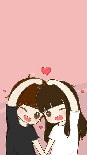 Cute Chibi Anime Couple Making Heart Shape With Arms On Pink Background HD phone wallpaper