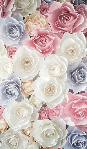 Pastel Pink White And Blue Rose Floral Pattern Wallpaper HD phone wallpaper