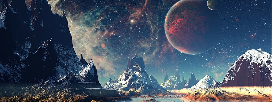 Alien Mountain Landscape with Red Planet and Nebula in Deep Space HD wallpaper