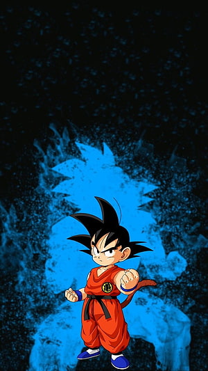 Kid Goku in Orange Gi with Blue Aura and Spiky Hair HD phone wallpaper