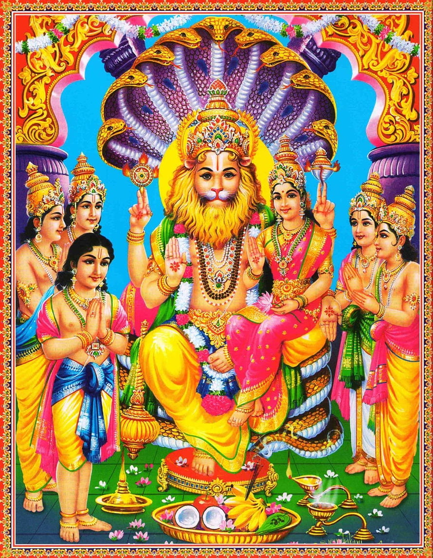 Lord Narasimha with Devotees and Family Hindu Mythology Art HD phone wallpaper