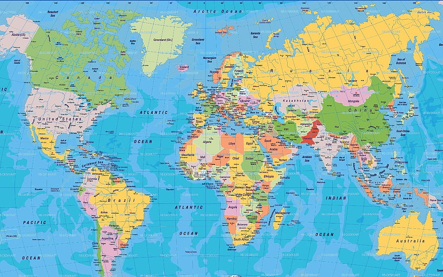 Detailed Political World Map with Country Borders and Ocean Labels HD wallpaper