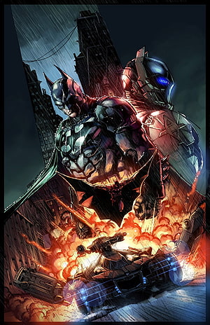 Batman and Arkham Knight in a Rainy Gotham City Battle Scene with Batmobile Explosion, Batman Arkham Knight . t, Batman Dark Knight HD phone wallpaper