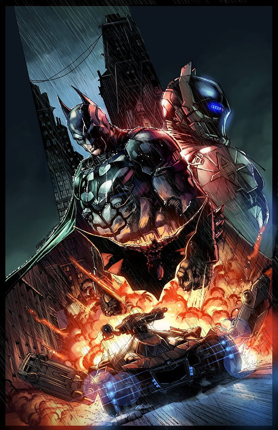 Batman and Arkham Knight in a Rainy Gotham City Battle Scene with Batmobile Explosion, Batman Arkham Knight . t, Batman Dark Knight HD phone wallpaper