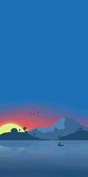 Minimalist Tropical Sunset Landscape with Silhouetted Mountains and Fishing Boat HD phone wallpaper