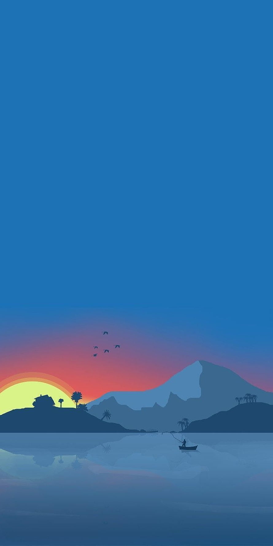 Minimalist Tropical Sunset Landscape with Silhouetted Mountains and Fishing Boat HD phone wallpaper