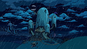 Adventure Time Tree Fort in Rainy Night Scene HD wallpaper
