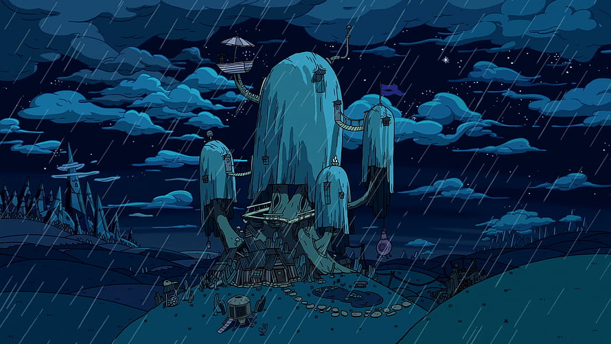 Adventure Time Tree Fort in Rainy Night Scene HD wallpaper